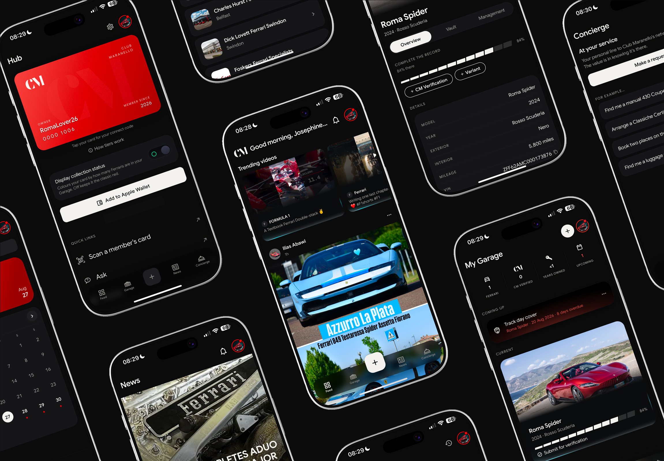 The Club Maranello app across its screens